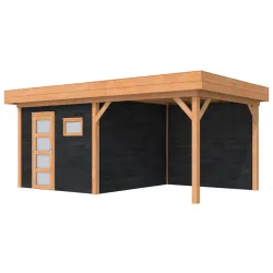 Douglas Topvision Raaf, 298x298 en luifel 300 cm, wanden zwart geïmpregneerd en basis onbehandeld