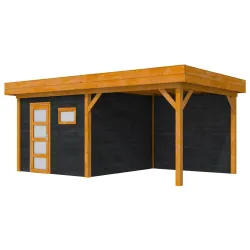 Douglas Topvision Raaf, 298x298 en luifel 300 cm, wanden zwart geïmpregneerd en basis transparant gespoten