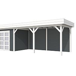 Vuren Topvision Premium Bonte Specht, 300x250 en luifel 500 cm, wanden antraciet en basis wit.