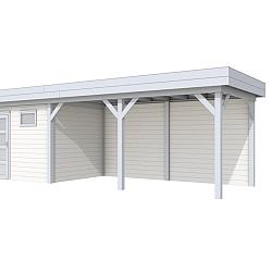 Vuren Topvision Premium Bonte Kraai, 300x250 en luifel 500 cm, wanden wit en basis lichtgrijs.