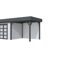 Vuren Topvision Premium Bonte Specht, 300x250 en luifel 300 cm, wanden lichtgrijs en basis antraciet.