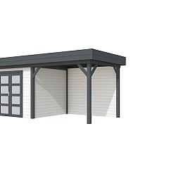 Vuren Topvision Premium Bonte Specht, 300x250 en luifel 300 cm, wanden wit en basis antraciet.