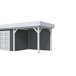 Vuren Topvision Premium Bonte Specht, 300x250 en luifel 300 cm, wanden antraciet en basis lichtgrijs.