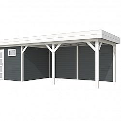 Vuren Topvision Premium Tapuit, 300x300 en luifel 500 cm, wanden antraciet en basis wit.