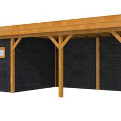 Douglas Topvision Premium Raaf, 298x298 en luifel 500 cm, wanden zwart en basis kleurloos geïmpregneerd.