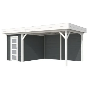 Vuren Topvision Kiekendief, 200x300 en luifel 400 cm, wanden antraciet en basis wit