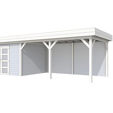 Vuren Topvision Premium Parelhoen, 400x300 en luifel 500 cm, wanden lichtgrijs en basis wit.