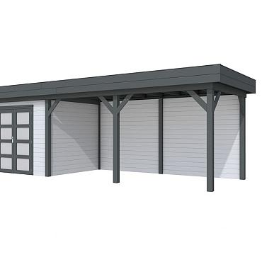 Vuren Topvision Premium Bonte Specht, 300x250 en luifel 500 cm, wanden lichtgrijs en basis antraciet.