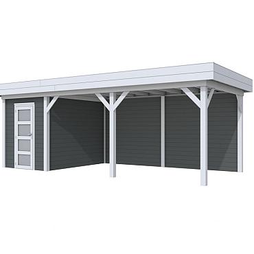 Vuren Topvision Premium Kiekendief, 200x300 en luifel 500 cm, wanden antraciet en basis lichtgrijs.