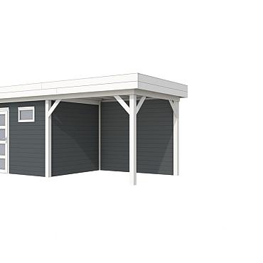 Vuren Topvision Premium Bonte Kraai, 300x250 en luifel 300 cm, wanden antraciet en basis wit.