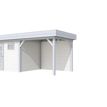 Vuren Topvision Premium Bonte Kraai, 300x250 en luifel 300 cm, wanden wit en basis lichtgrijs.