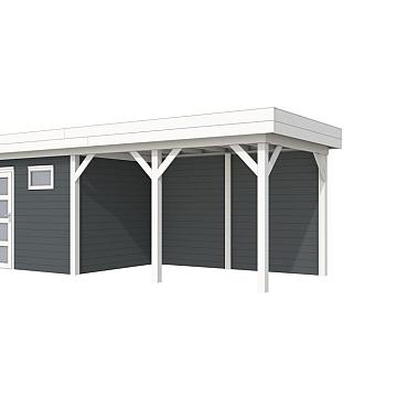 Vuren Topvision Premium Bonte Kraai, 300x250 en luifel 400 cm, wanden antraciet en basis wit.