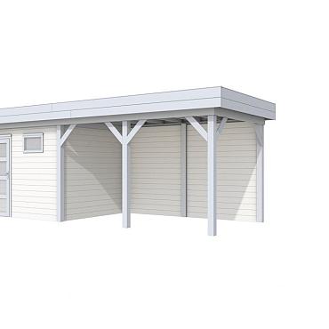 Vuren Topvision Premium Bonte Kraai, 300x250 en luifel 400 cm, wanden wit en basis lichtgrijs.