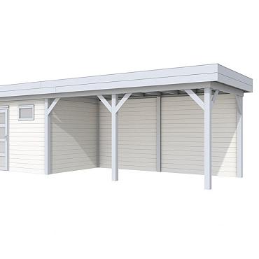 Vuren Topvision Premium Bonte Kraai, 300x250 en luifel 500 cm, wanden wit en basis lichtgrijs.