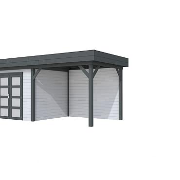 Vuren Topvision Premium Bonte Specht, 300x250 en luifel 300 cm, wanden lichtgrijs en basis antraciet.