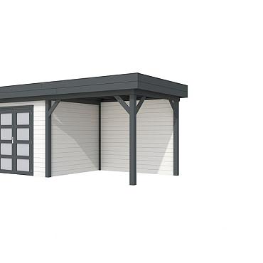 Vuren Topvision Premium Bonte Specht, 300x250 en luifel 300 cm, wanden wit en basis antraciet.