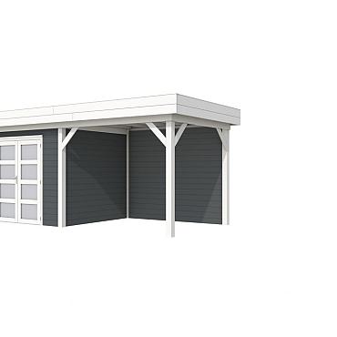 Vuren Topvision Premium Bonte Specht, 300x250 en luifel 300 cm, wanden antraciet en basis wit.