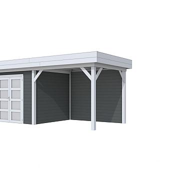 Vuren Topvision Premium Bonte Specht, 300x250 en luifel 300 cm, wanden antraciet en basis lichtgrijs.