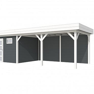 Vuren Topvision Premium Tapuit, 300x300 en luifel 500 cm, wanden antraciet en basis wit.