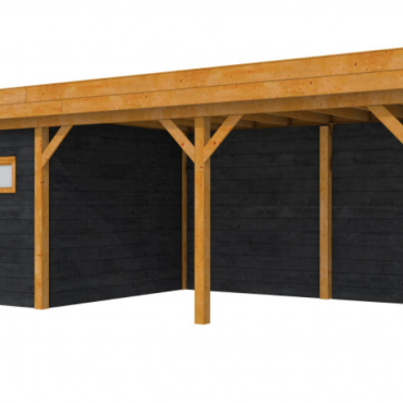 Douglas Topvision Premium Raaf, 298x298 en luifel 500 cm, wanden zwart en basis kleurloos geïmpregneerd.