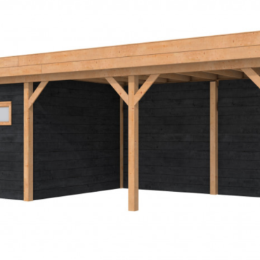 Douglas Topvision Premium Raaf, 298x298 en luifel 500 cm, wanden zwart geïmpregneerd en basis onbehandeld.