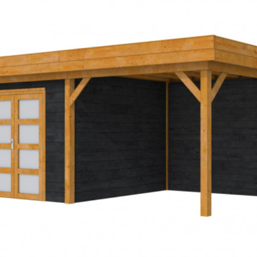 Douglas Topvision Roek, 298x298 en luifel 300 cm, wanden zwart geïmpregneerd en basis transparant gespoten
