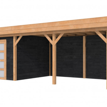 Douglas Topvision Premium Roek, 298x298 en luifel 500 cm, wanden zwart geïmpregneerd en basis onbehandeld.
